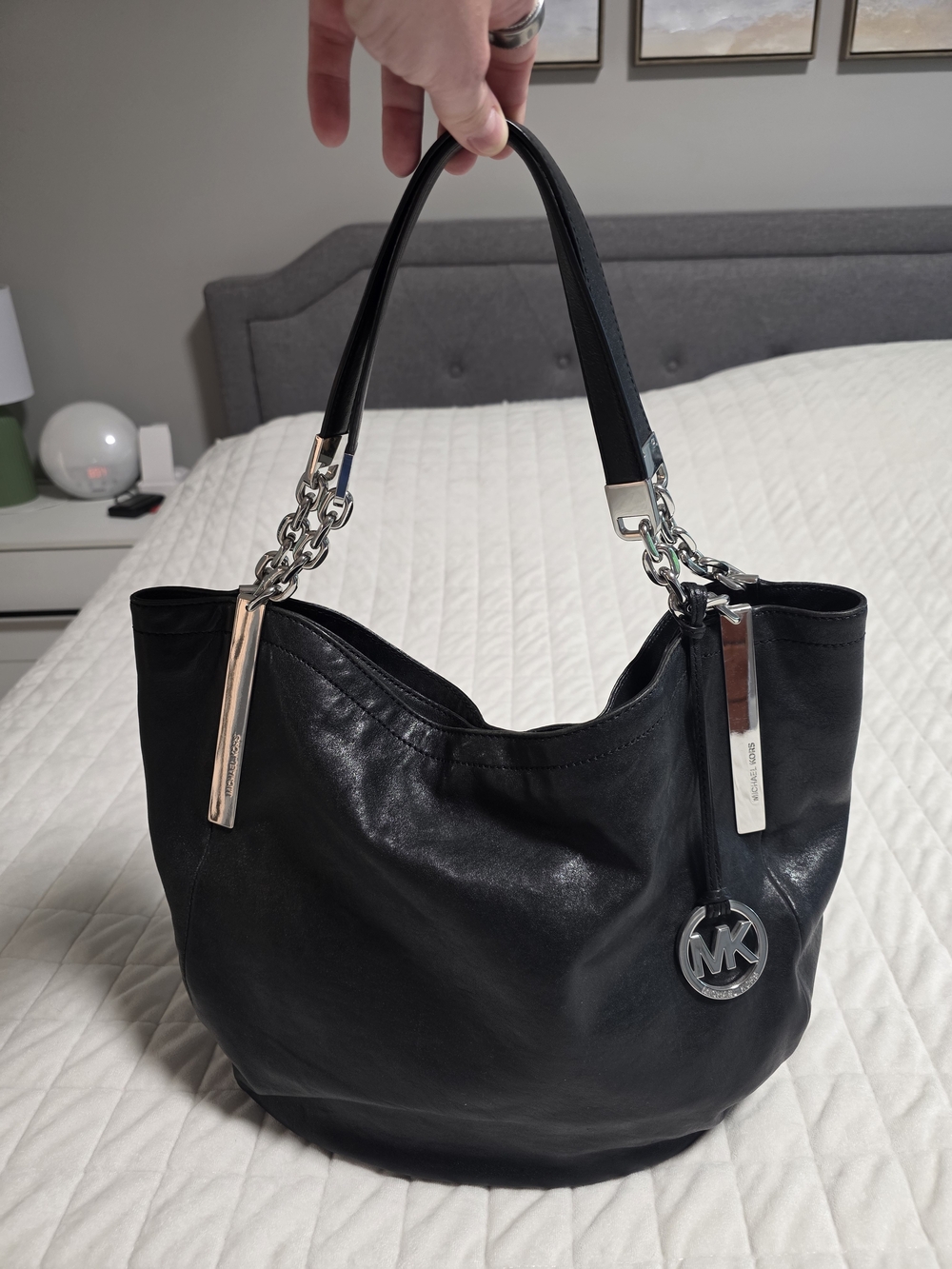 Michael Kors Black Leather Hobo with Silver Hardware and MK Charm